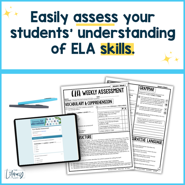 8th Grade ELA Reading Comprehension Morning Work Assessment Winter Rev ...