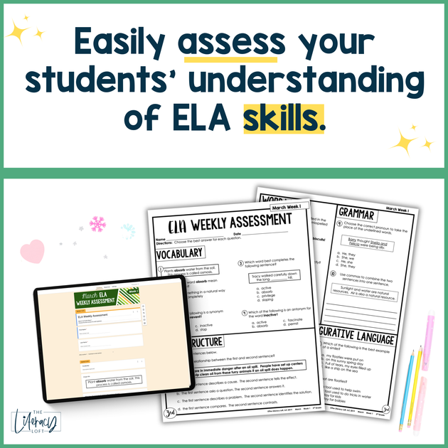3rd Grade ELA March Morning Work Assessment Reading Comprehension Fun ...