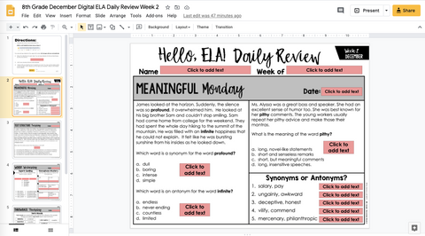 ELA Daily Review 8th Grade {December} I Distance Learning I Google Slides and Forms