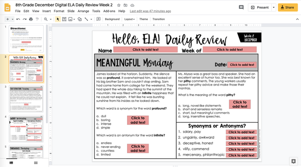 ELA Daily Review 8th Grade {December} I Distance Learning I Google Slides and Forms