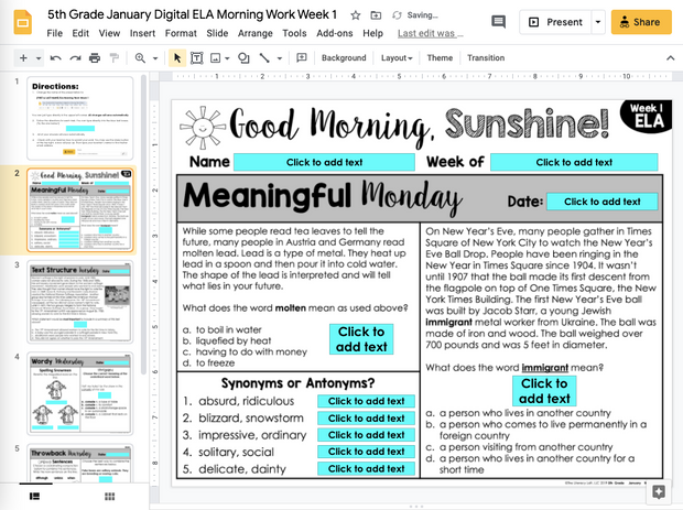 ELA Morning Work 5th Grade {January} I Distance Learning I Google Slides