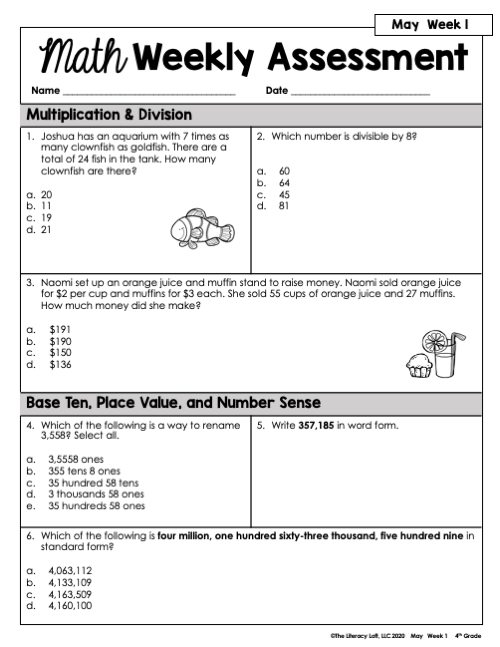 Math Weekly Assessments 4th Grade | Printable | Google Forms