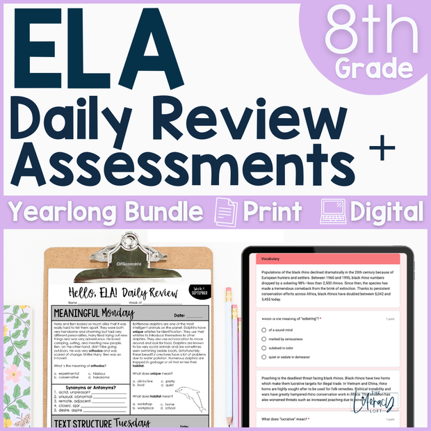 8th Grade ELA Daily Review and Weekly Assessment Bundle