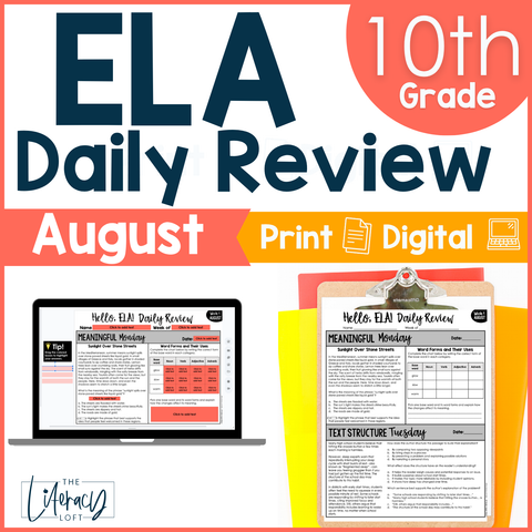 10th Grade ELA Back to School Reading Comprehension Grammar Vocabulary Spiral Review High School - August