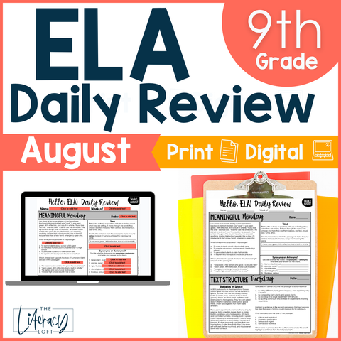 9th Grade ELA Back to School Reading Comprehension Grammar High School - August
