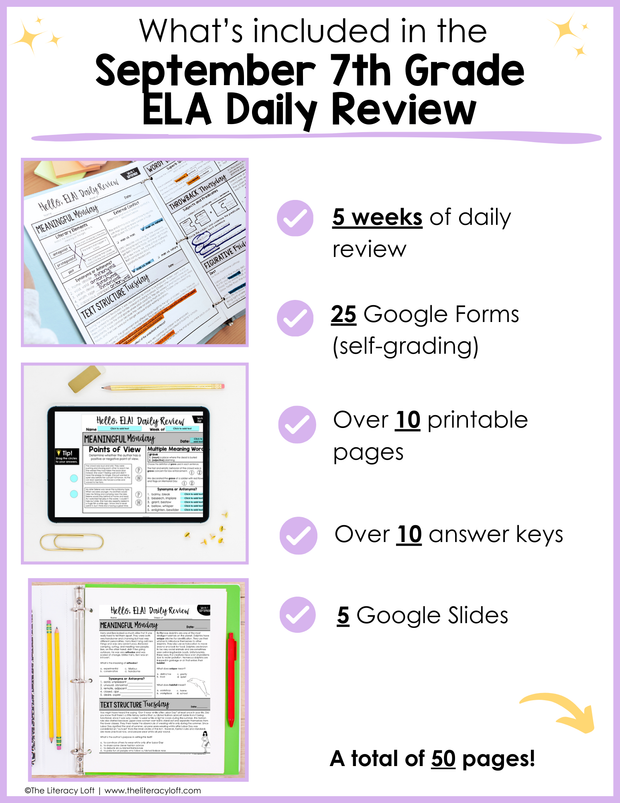 ELA Daily Review 7th Grade {September} | Distance Learning | Google Slides and Forms