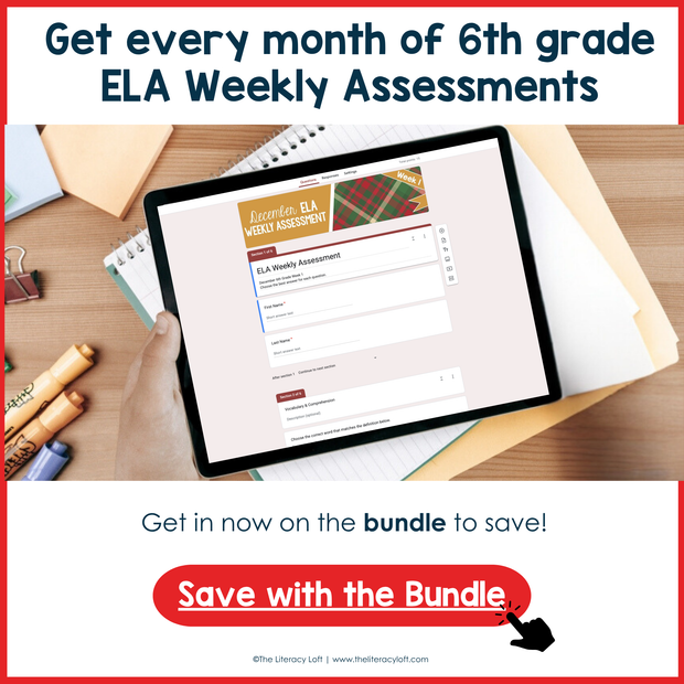 6th Grade ELA Reading Comprehension Morning Work Assessment Winter Review - Dec