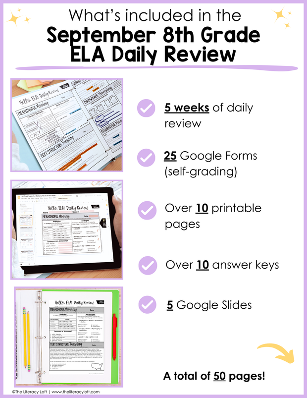 ELA Daily Review 8th Grade {September} | Distance Learning | Google Slides and Forms