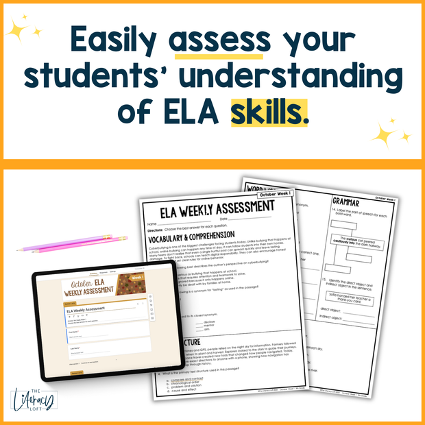 9th Grade ELA Reading Comprehension October Morning Work Assessment High School
