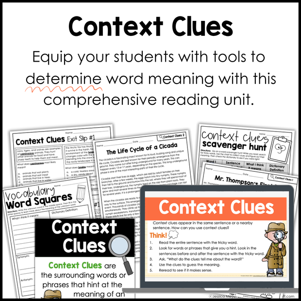 4th 5th Grade Context Clues Reading Comprehension Unit Vocabulary Worksheets Graphic Organizers Posters