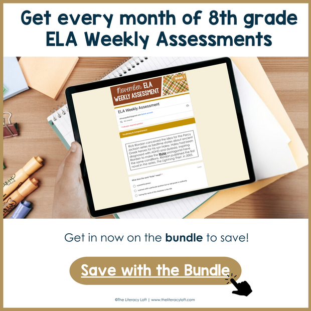 8th Grade ELA Reading Comprehension November Morning Work Assessment Daily Review