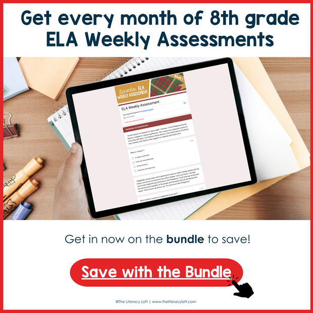 8th Grade ELA Reading Comprehension Morning Work Assessment Winter Review - Dec