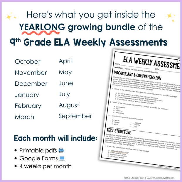 9th-10th Grade ELA Daily Review & Assessment Reading Comprehension Bundle High School
