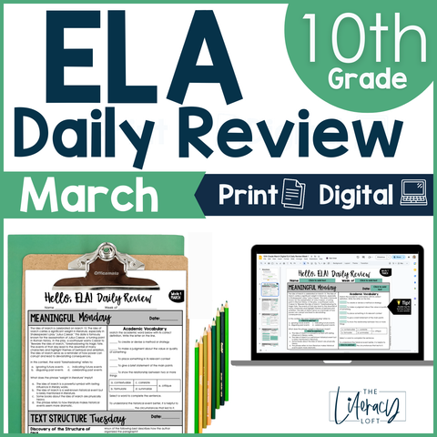 10th Grade ELA High School Spring Spiral Review Grammar Vocabulary Reading March