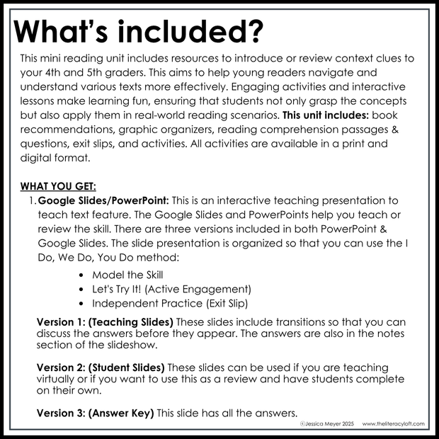 4th 5th Grade Context Clues Reading Comprehension Unit Vocabulary Worksheets Graphic Organizers Posters