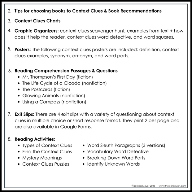 4th 5th Grade Context Clues Reading Comprehension Unit Vocabulary Worksheets Graphic Organizers Posters