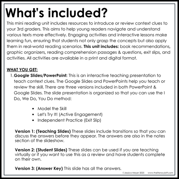 3rd Grade Context Clues Reading Comprehension Unit Vocabulary Worksheets Graphic Organizers Posters