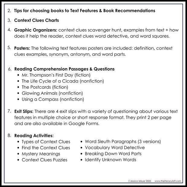4th 5th Grade Context Clues Reading Comprehension Unit Vocabulary Worksheets Graphic Organizers Posters