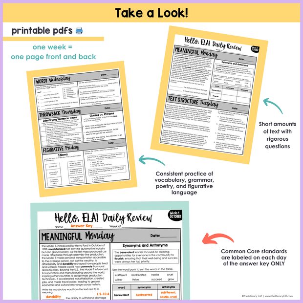 10th Grade ELA Daily Review & Assessment Reading Comprehension Bundle High School