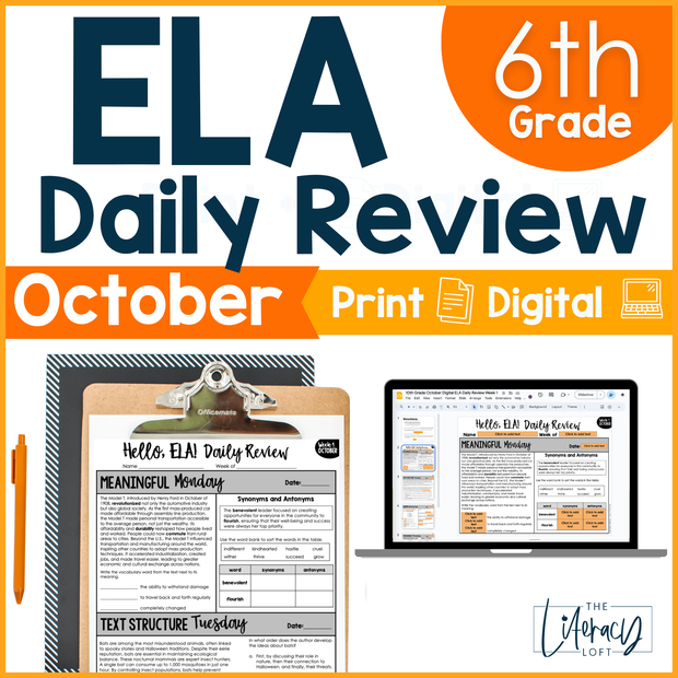 ELA Daily Review 6th Grade {October} | Distance Learning | Google Slides and Forms