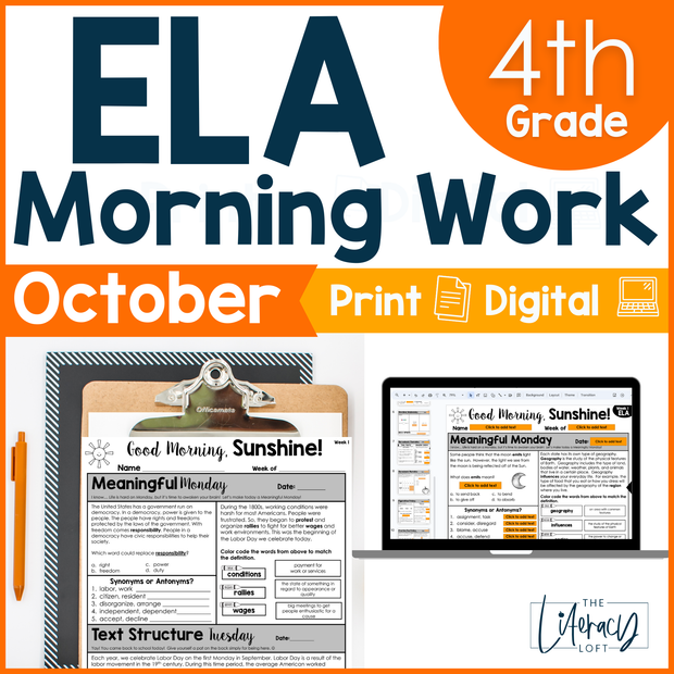 ELA Morning Work 4th Grade {October} | Distance Learning | Google Slides