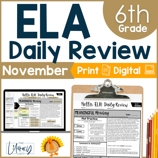 ELA Daily Review 6th Grade {November} | Distance Learning | Google Slides and Forms