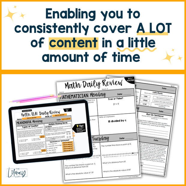 6th Grade ELA and Math Daily Review and Weekly Assessment Bundle