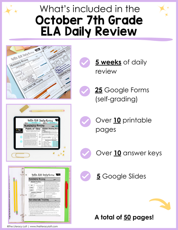 ELA Daily Review 7th Grade {October} | Distance Learning | Google Slides and Forms