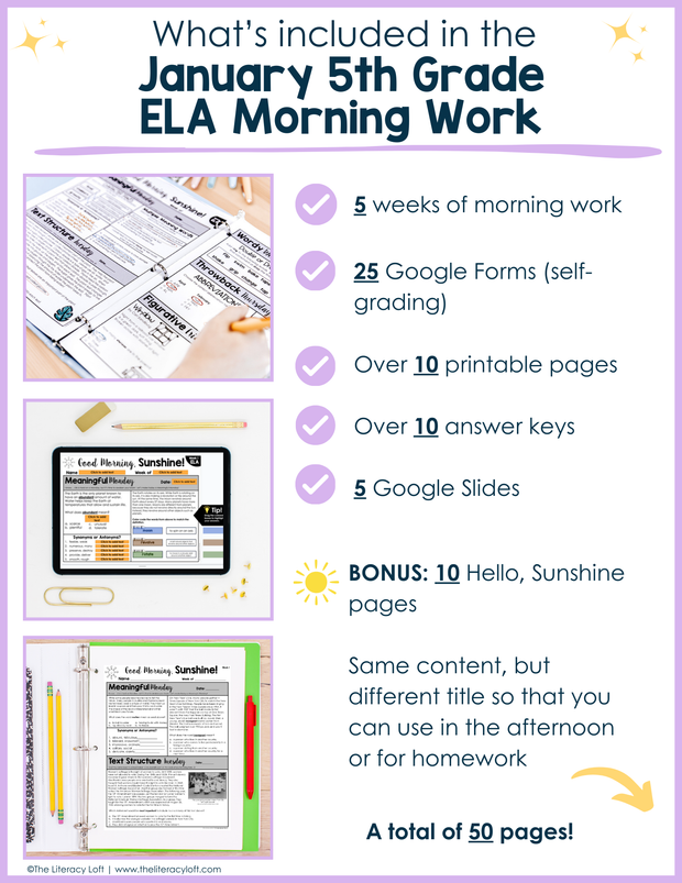 ELA Morning Work 5th Grade {January} I Distance Learning I Google Slides