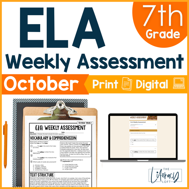 7th Grade ELA Reading Comprehension October Morning Work Assessment Daily Review
