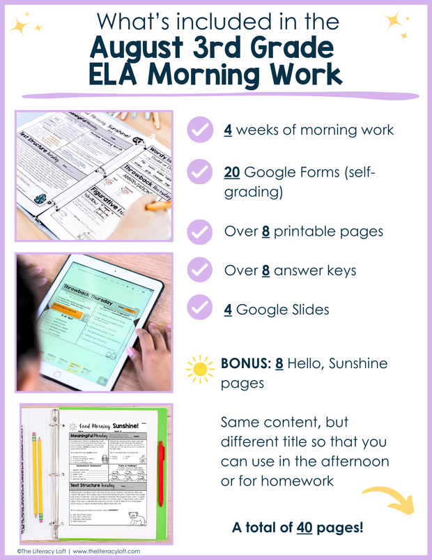 ELA Morning Work 3rd Grade {August} | Distance Learning | Google Slides