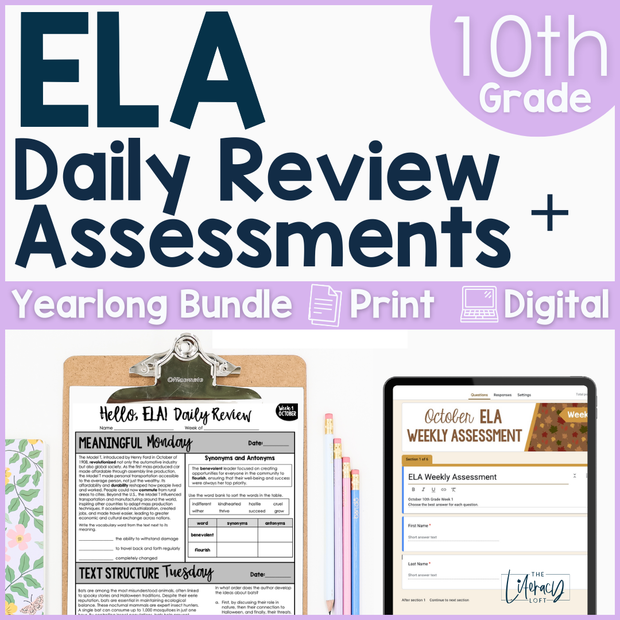 10th Grade ELA Daily Review & Assessment Reading Comprehension Bundle High School
