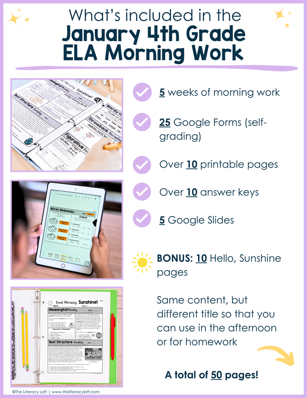 ELA Morning Work 4th Grade {January} I Distance Learning I Google Slides