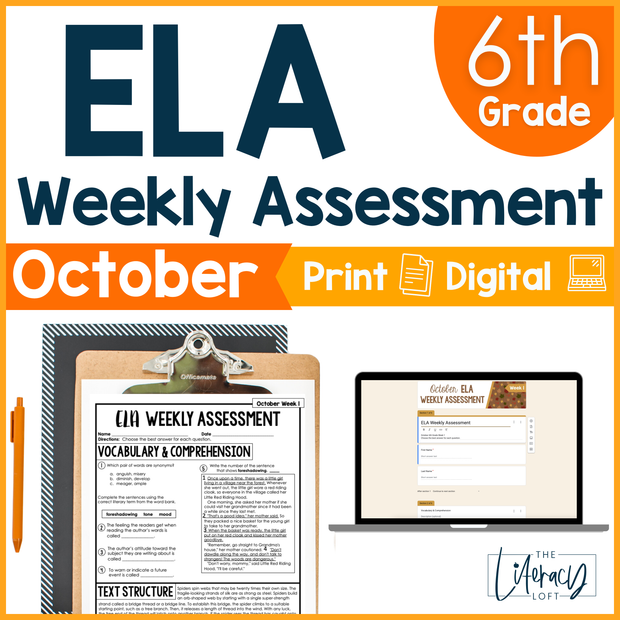 6th Grade ELA Reading Comprehension October Morning Work Assessment Daily Review