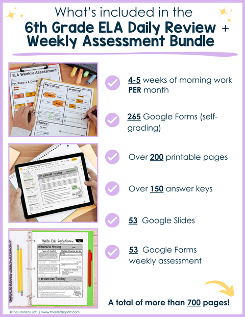 6th Grade ELA Daily Review and Weekly Assessment Bundle