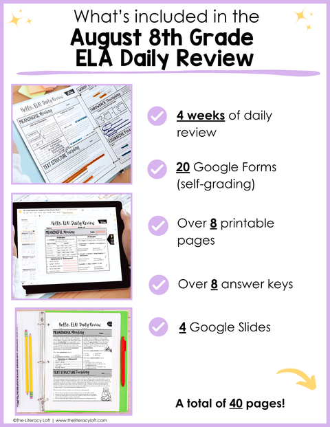 ELA Daily Review 8th Grade {August} | Distance Learning | Google Slides and Forms