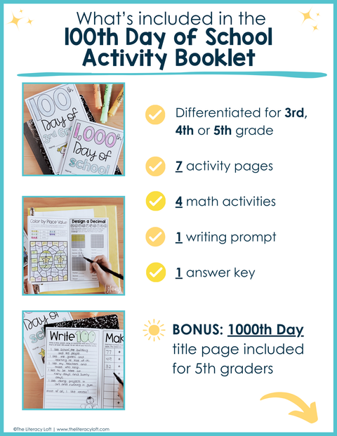 100th Day of School Math ELA Writing Prompts Coloring Pages 3rd 4th 5th Grade