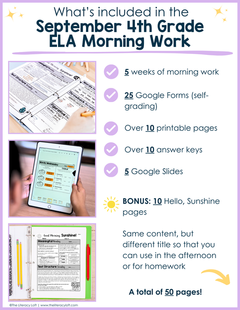 ELA Morning Work 4th Grade {September} | Distance Learning | Google Slides