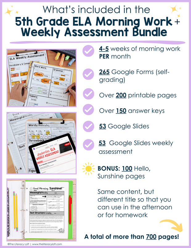 5th Grade ELA Morning Work and Weekly Assessments Bundle