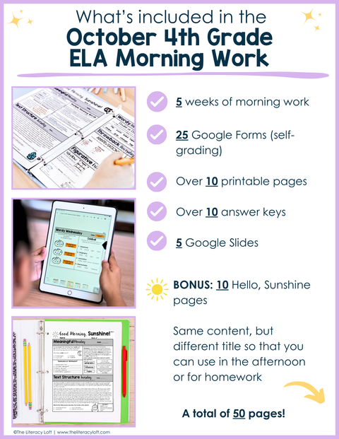 ELA Morning Work 4th Grade {October} | Distance Learning | Google Slides