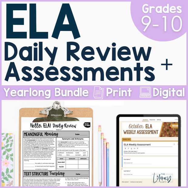 9th-10th Grade ELA Daily Review & Assessment Reading Comprehension Bundle High School