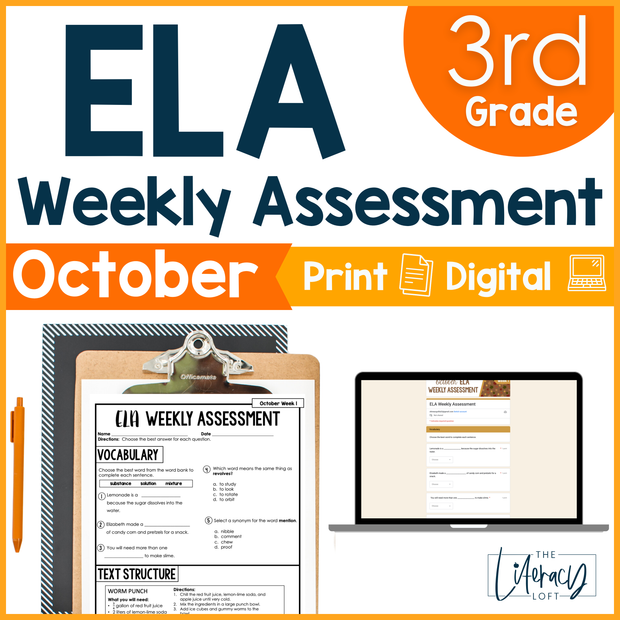3rd Grade ELA Reading Comprehension October Morning Work Assessment Elementary