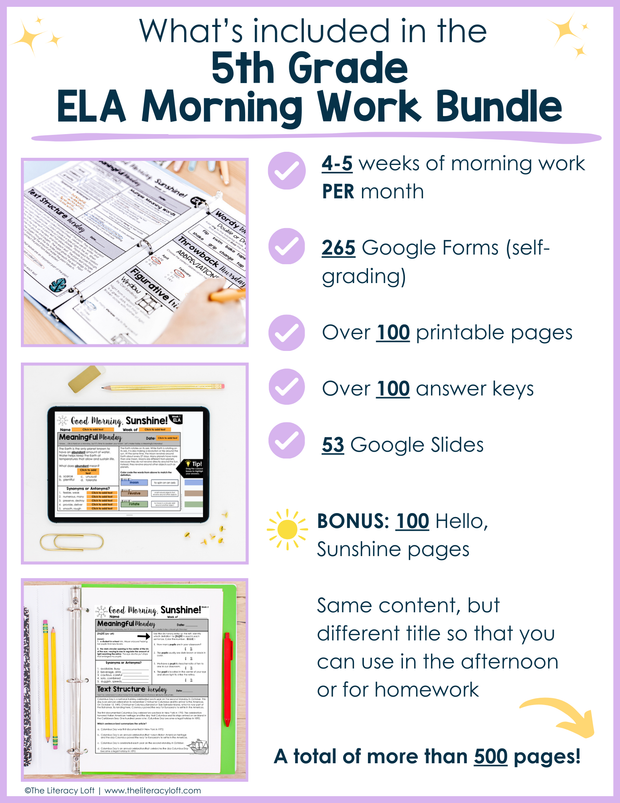 ELA Morning Work 5th Grade (The Bundle) | Printable | Google Apps