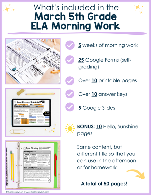 ELA Morning Work 5th Grade {March} | Distance Learning | Google Slides