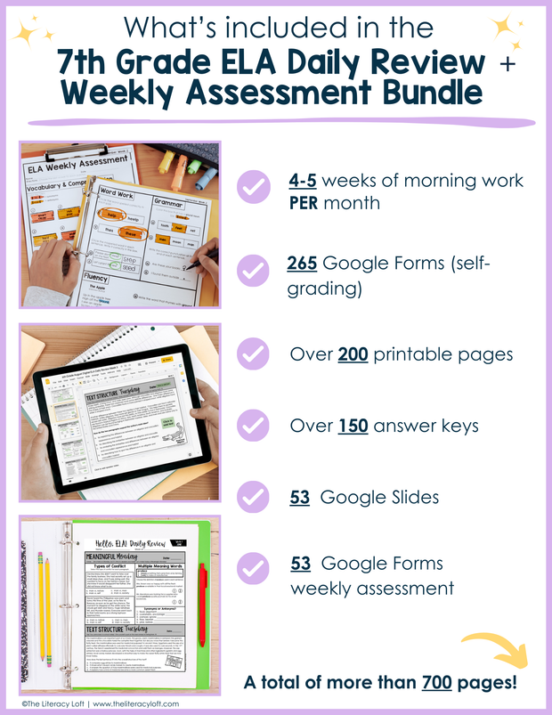 7th Grade ELA Daily Review and Weekly Assessment Bundle