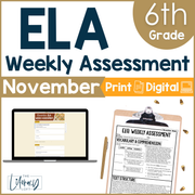 6th Grade ELA Reading Comprehension November Morning Work Assessment Daily Review