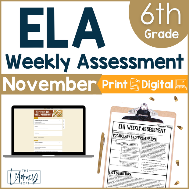 6th Grade ELA Reading Comprehension November Morning Work Assessment Daily Review