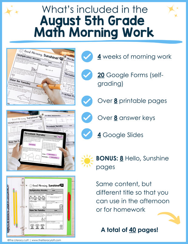 Math Morning Work 5th Grade {August} | Distance Learning | Google Slides