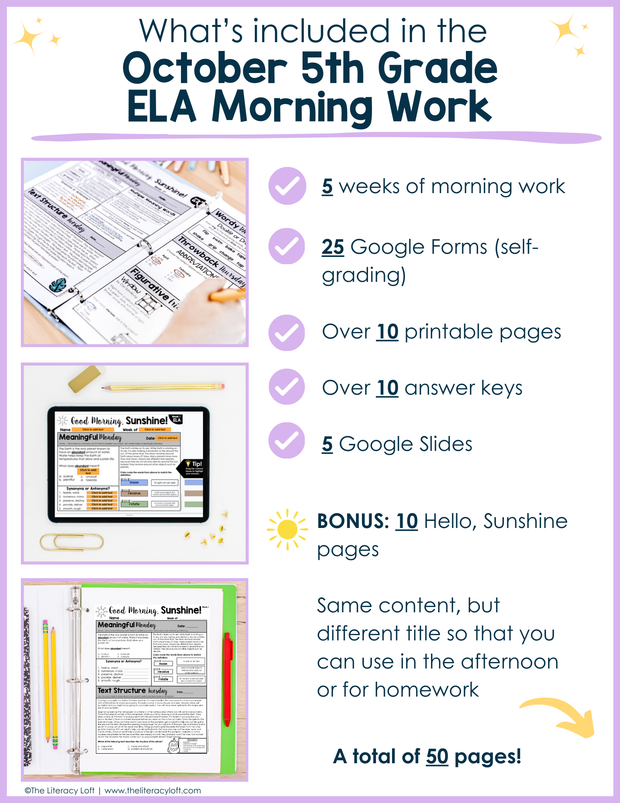 ELA Morning Work 5th Grade {October} | Distance Learning | Google Slides