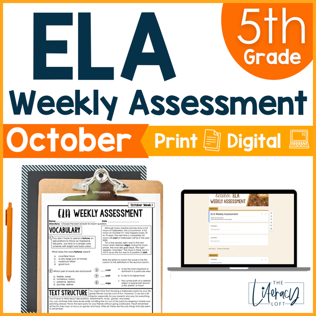 5th Grade ELA Reading Comprehension October Morning Work Assessment Elementary